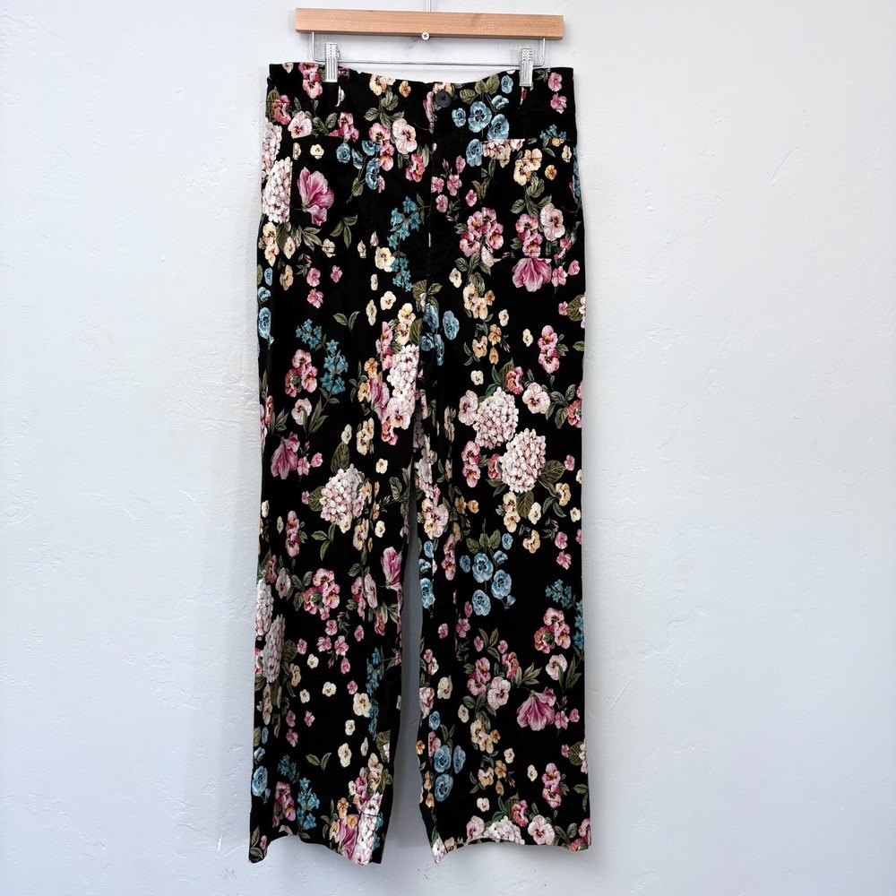 Anthropologie Maeve Colette Pants Size 32 Tall Black Floral Wide Leg Crop